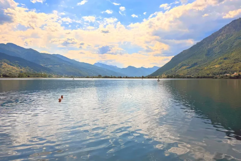 Lake Plav near Albanan border with people swimming