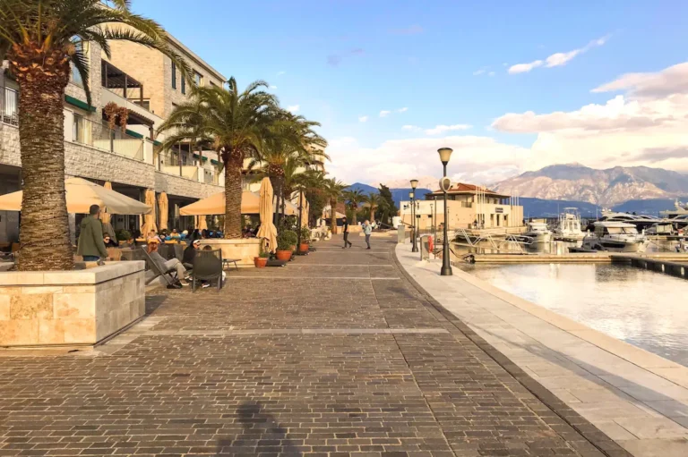 Portonovi Montenegro Waterfront Promenade with Yachts and Restaurants