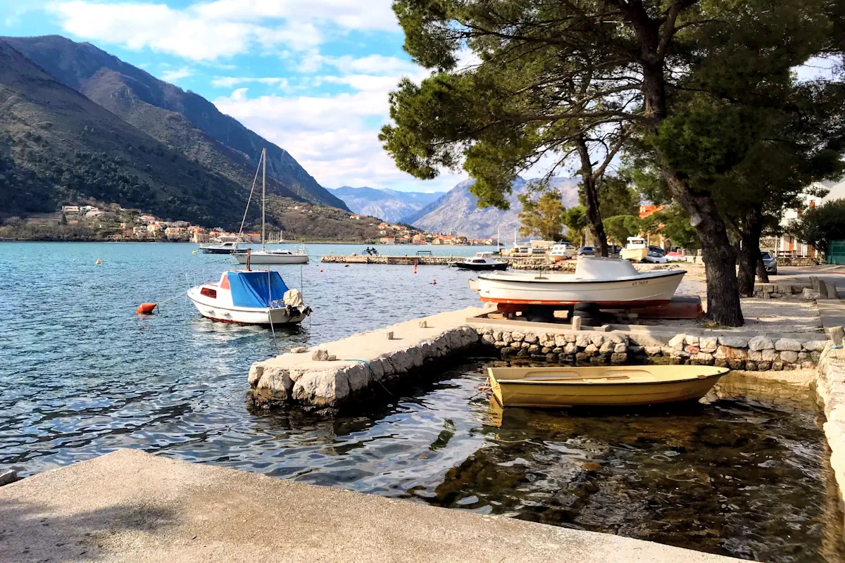 Dobrota Waterfront with fishing boats near Kotor