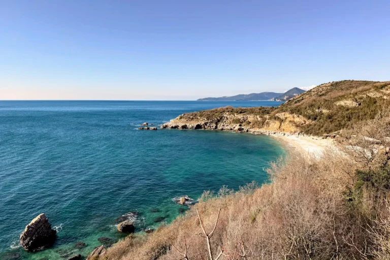 Aerial View of Drobni Pijesak Beach south of Sveti Stefan.