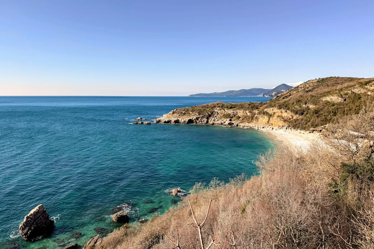 Aerial View of Drobni Pijesak Beach south of Sveti Stefan.