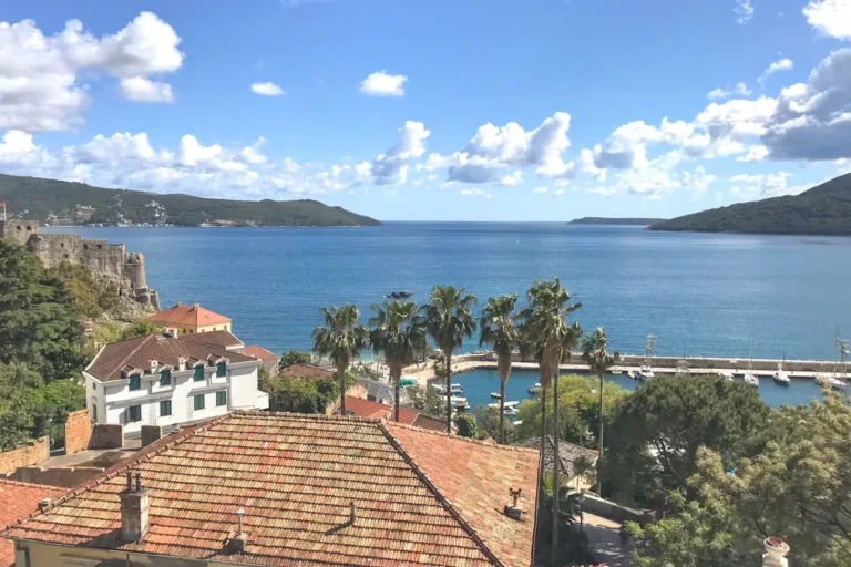 Aerial View of Herceg Novi Old Town and the Lustica Peninsula from a stone terrace