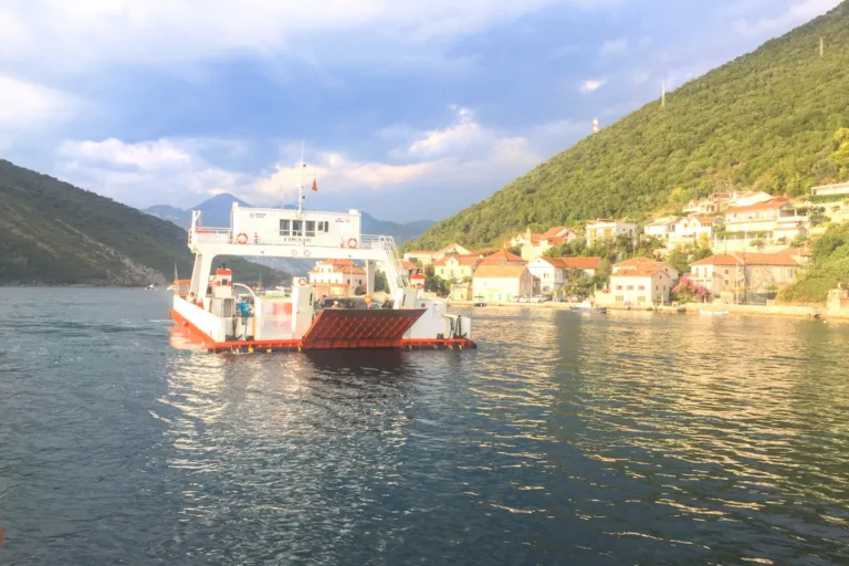 Panoramic view of the ferry terminal in Kamenari, the final stop of the local bus route from Igalo in the Bay of Kotor.