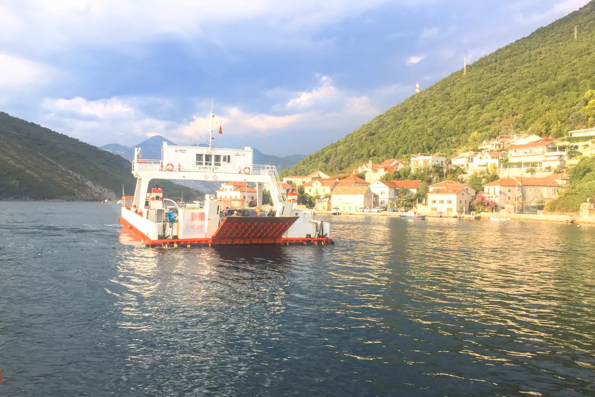 Panoramic view of the ferry terminal in Kamenari, the final stop of the local bus route from Igalo in the Bay of Kotor.