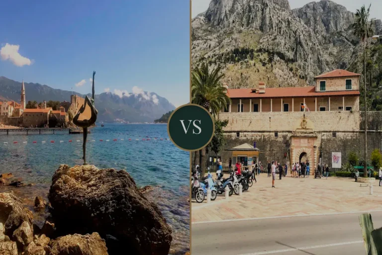 Kotor Vs Budva showing ballet dancer statue and sea gate in Kotor