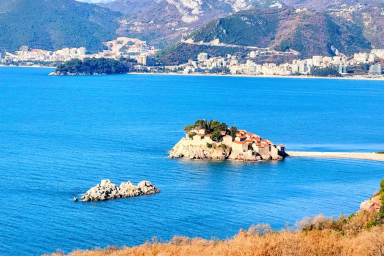 Aerial View of the Budva Riviera including the Sveti Stefan Resort Island