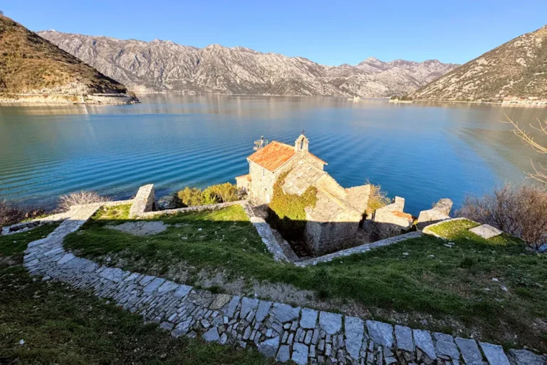 The 15th-century Gospa od Anđela (Our Lady of the Angels) church overlooking the Verige Strait in the Bay of Kotor, Montenegro.