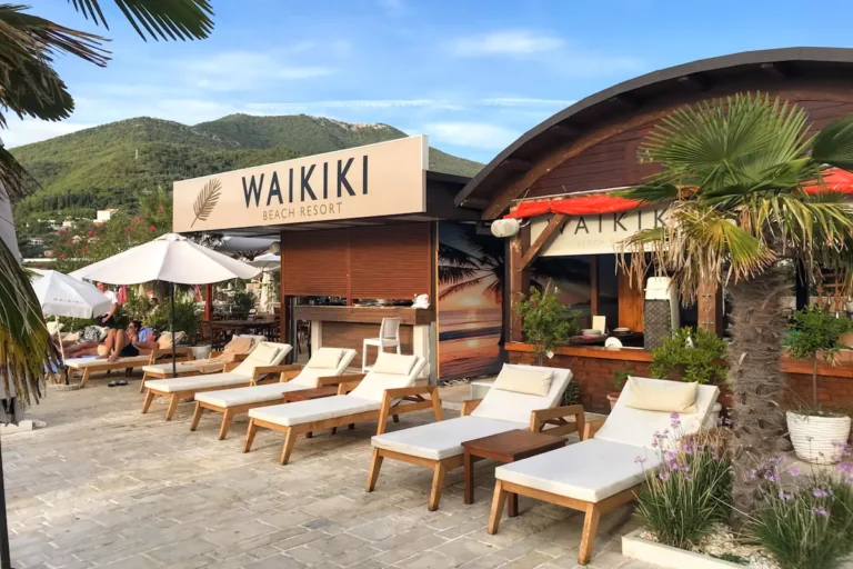 Luxury sun loungers under palm trees at Waikiki Beach Club in Tivat, a popular pebbly beach and restaurant in the Bay of Kotor.