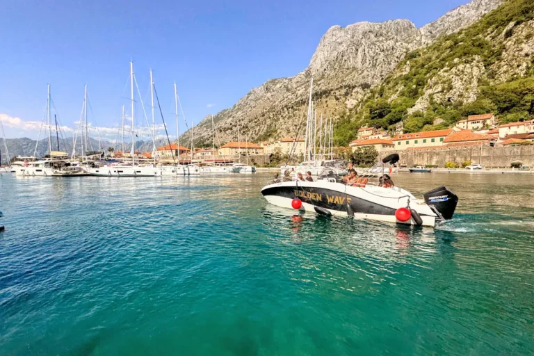 Speedboat departing from the marina in Kotor towards Perast, Mamula Island, and Blue Cave - Boat Tours Kotor