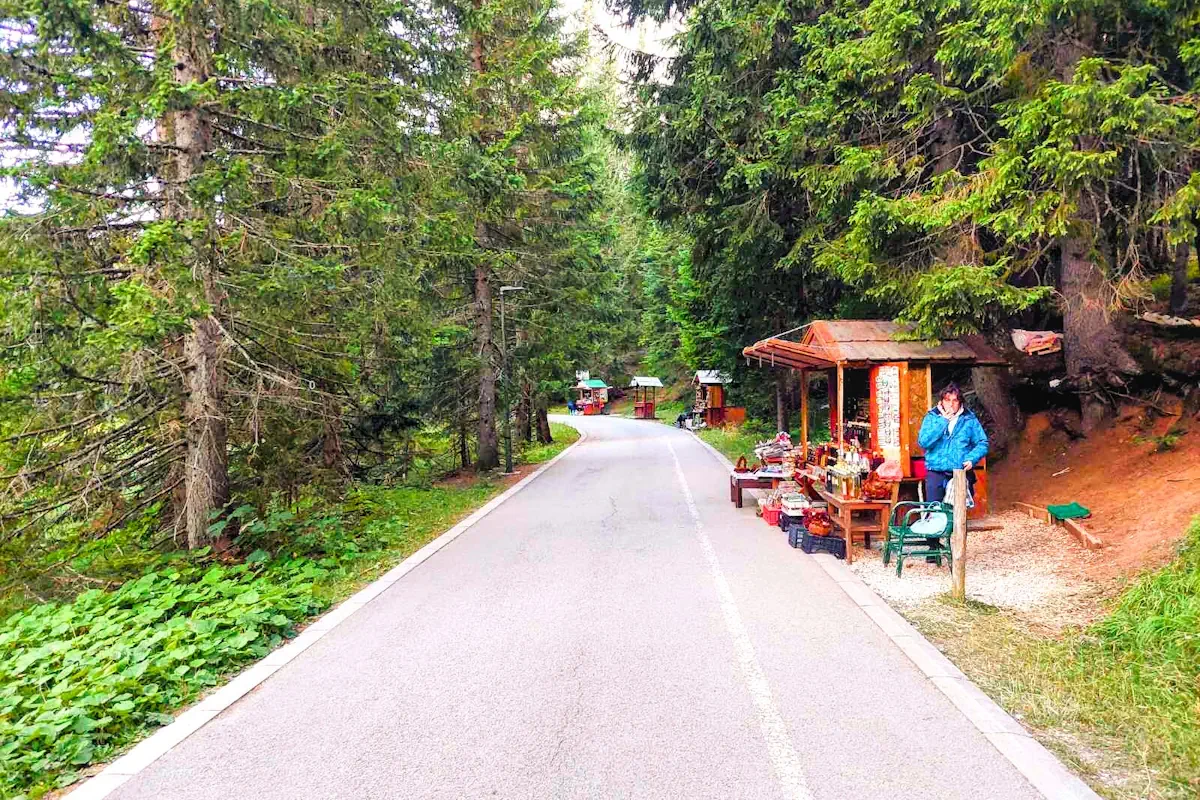 Local wooden stalls selling forest honey and pine syrup in Durmitor